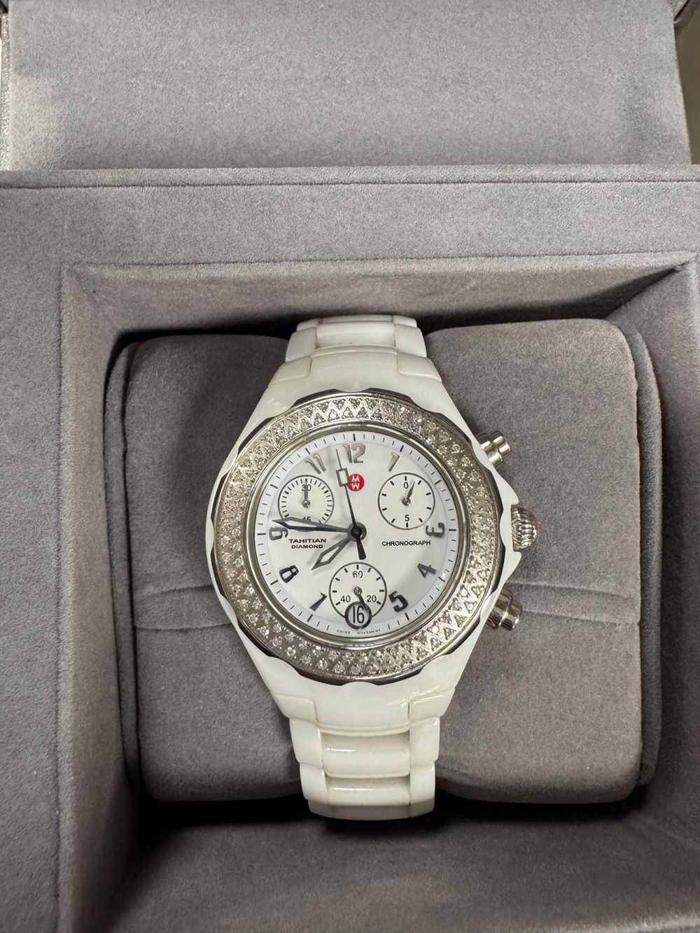 Michele White Ceramic Chronograph Watch with Silver Diamond Bezel